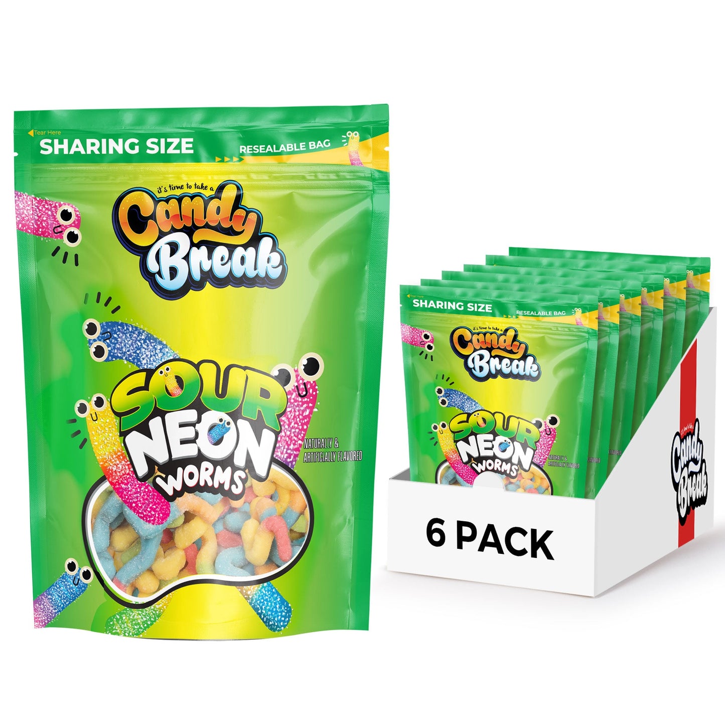 Candy Break Sour Neon Worms Gummy Candy - 24 Oz Share Size Resealable Bag (Pack of 6)