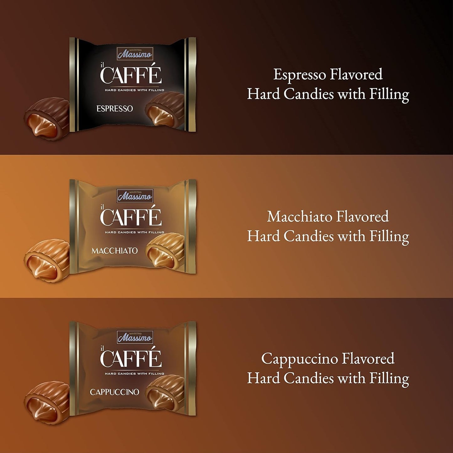 Maestro Massimo Center Filled Hard Coffee Candy, Individually Wrapped, Macchiato, Espresso, Cappuccino Flavored Caffeine Candies