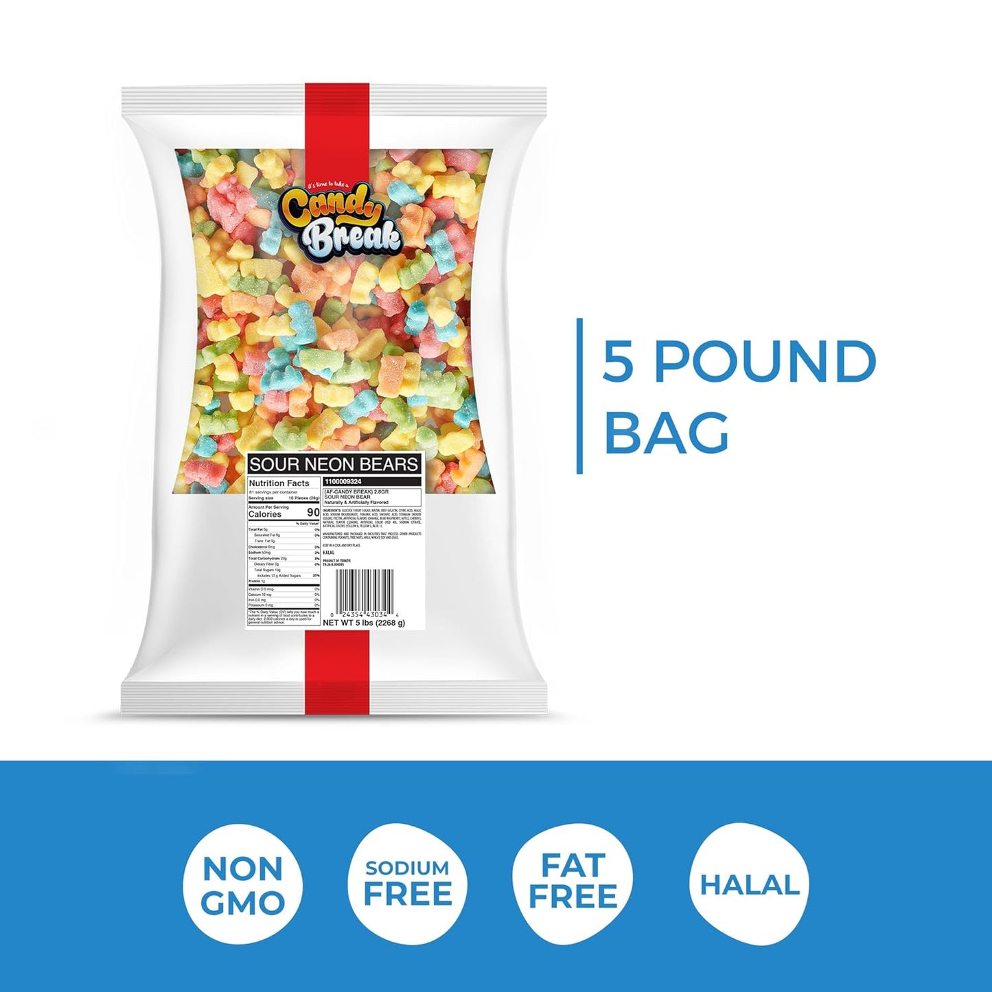 Candy Break Sour Neon Bears Bulk Gummies - 5 lbs Bag