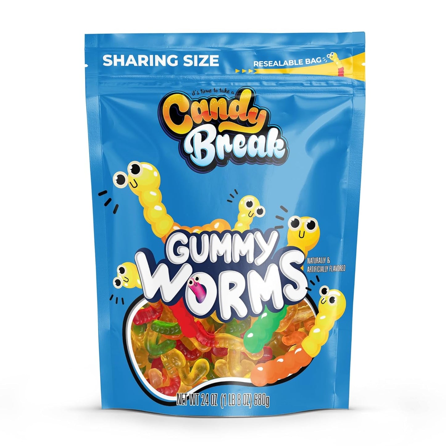 Candy Break Gummy Worms Candy - 24 Oz Share Size Resealable Bags (Pack of 6)