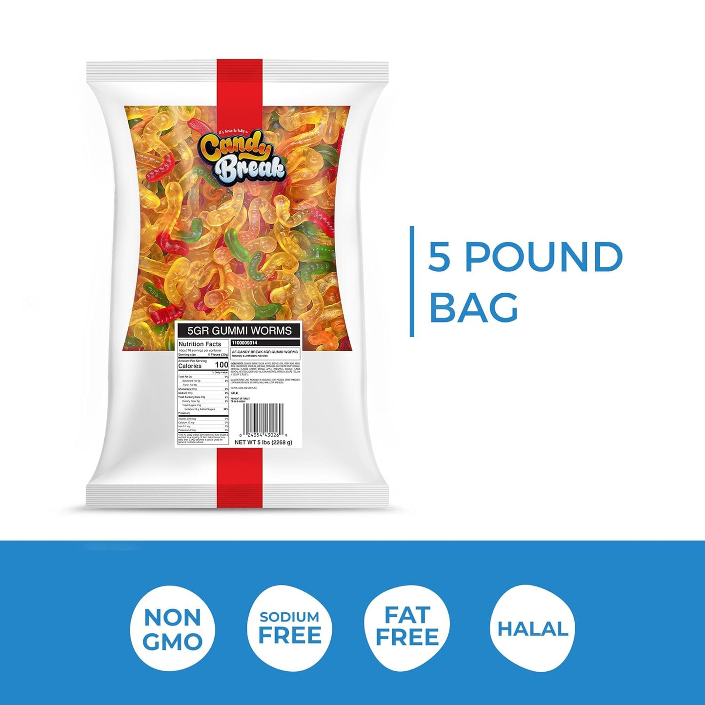 Candy Break Gummy Worms Bulk Gummies - 5 lbs Bag