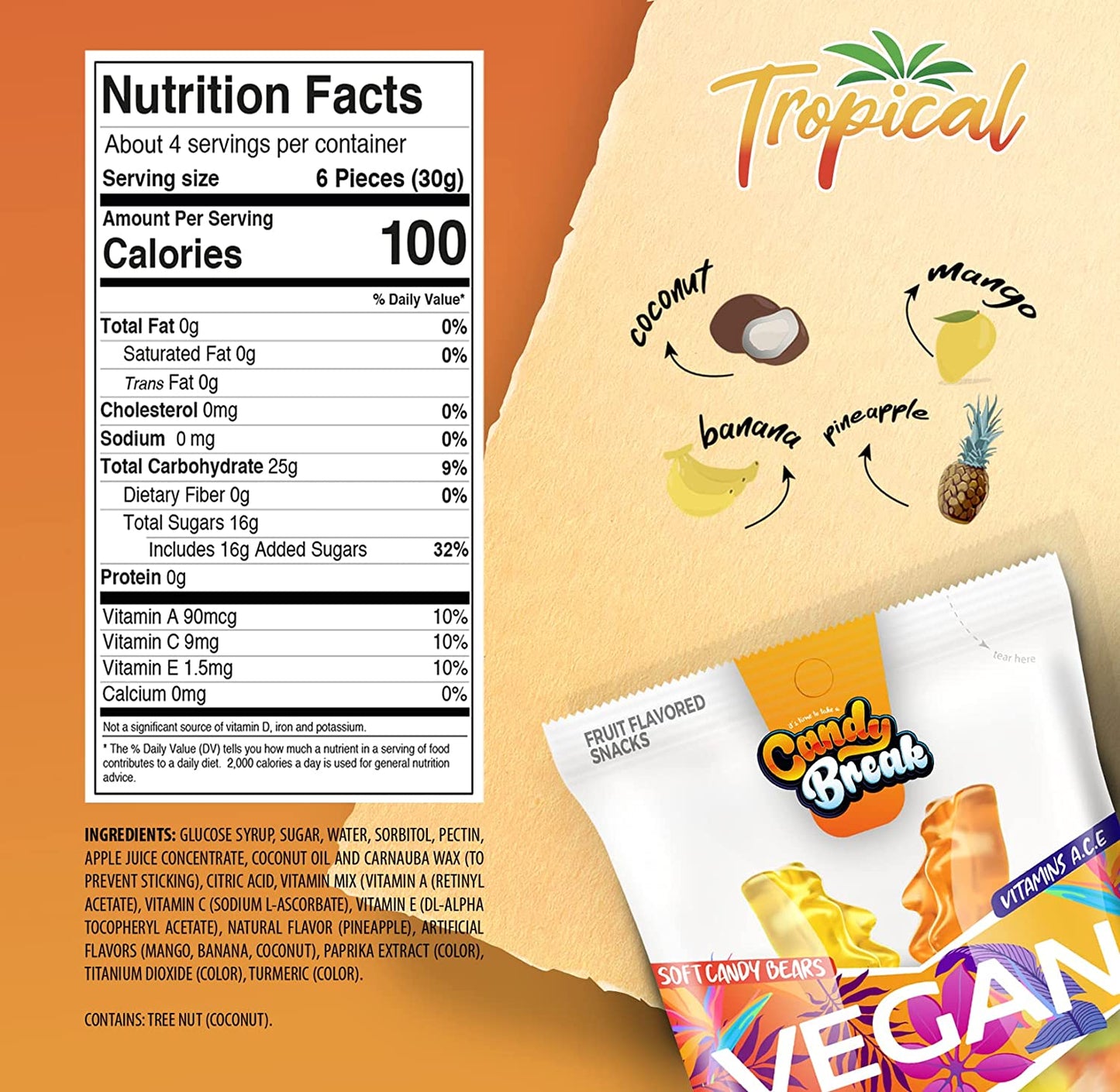 Candy Break Tropical Flavored Vegan Soft Candy - 4 Oz Bags (Pack of 12)