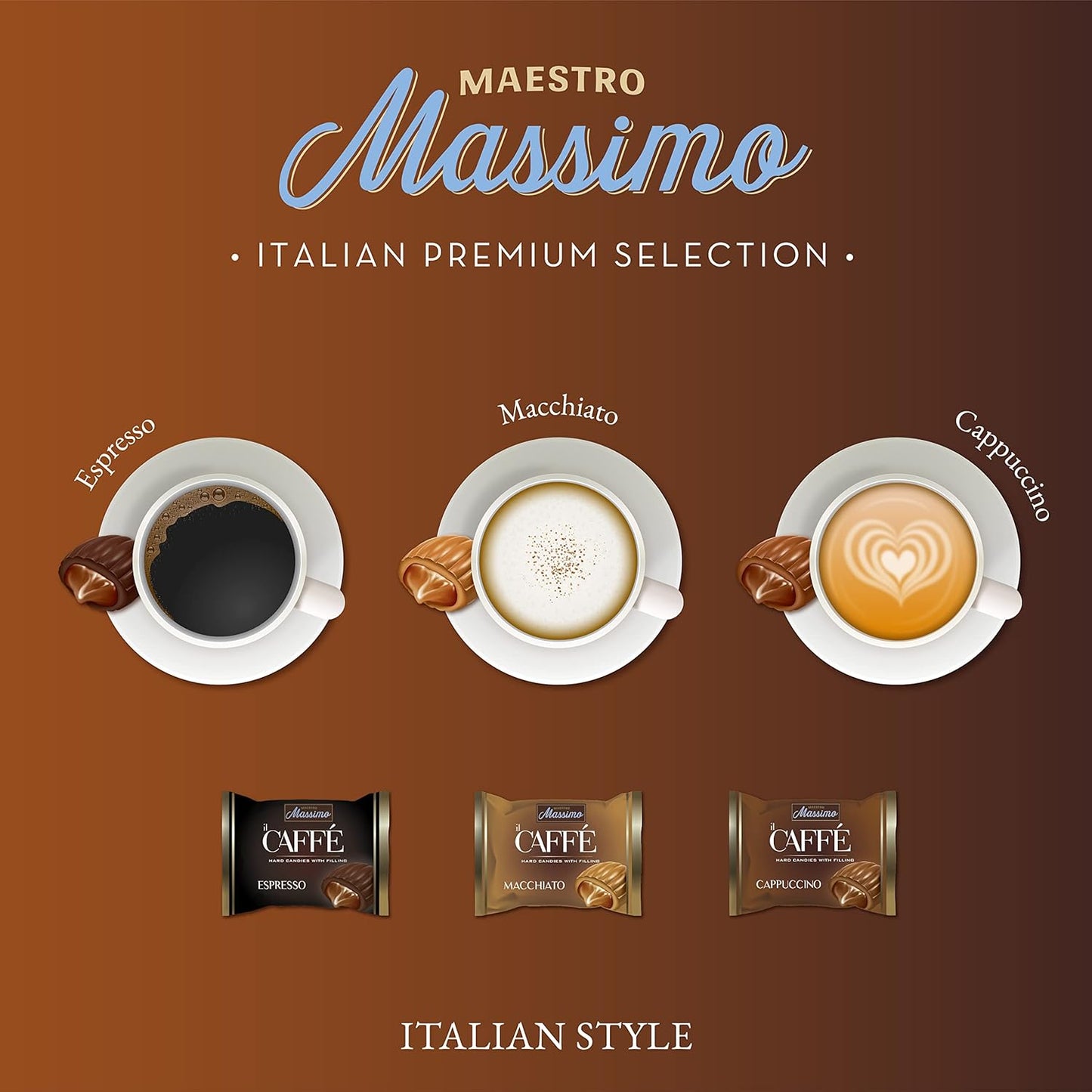 Maestro Massimo Center Filled Hard Coffee Candy, Individually Wrapped, Macchiato, Espresso, Cappuccino Flavored Caffeine Candies
