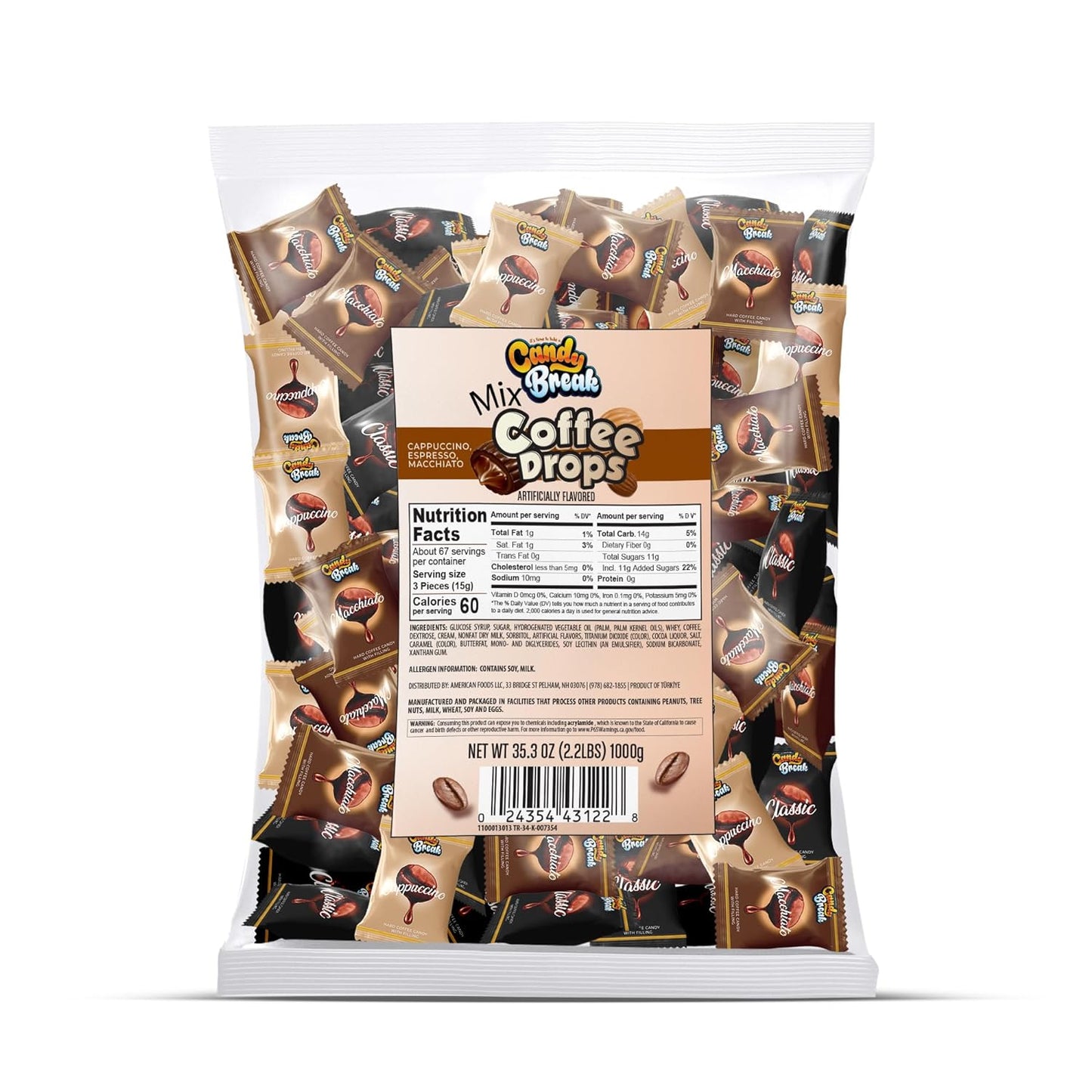 Candy Break Mix Coffee Drops - Center Filled Hard Coffee Candy - 2.2 lbs Bag