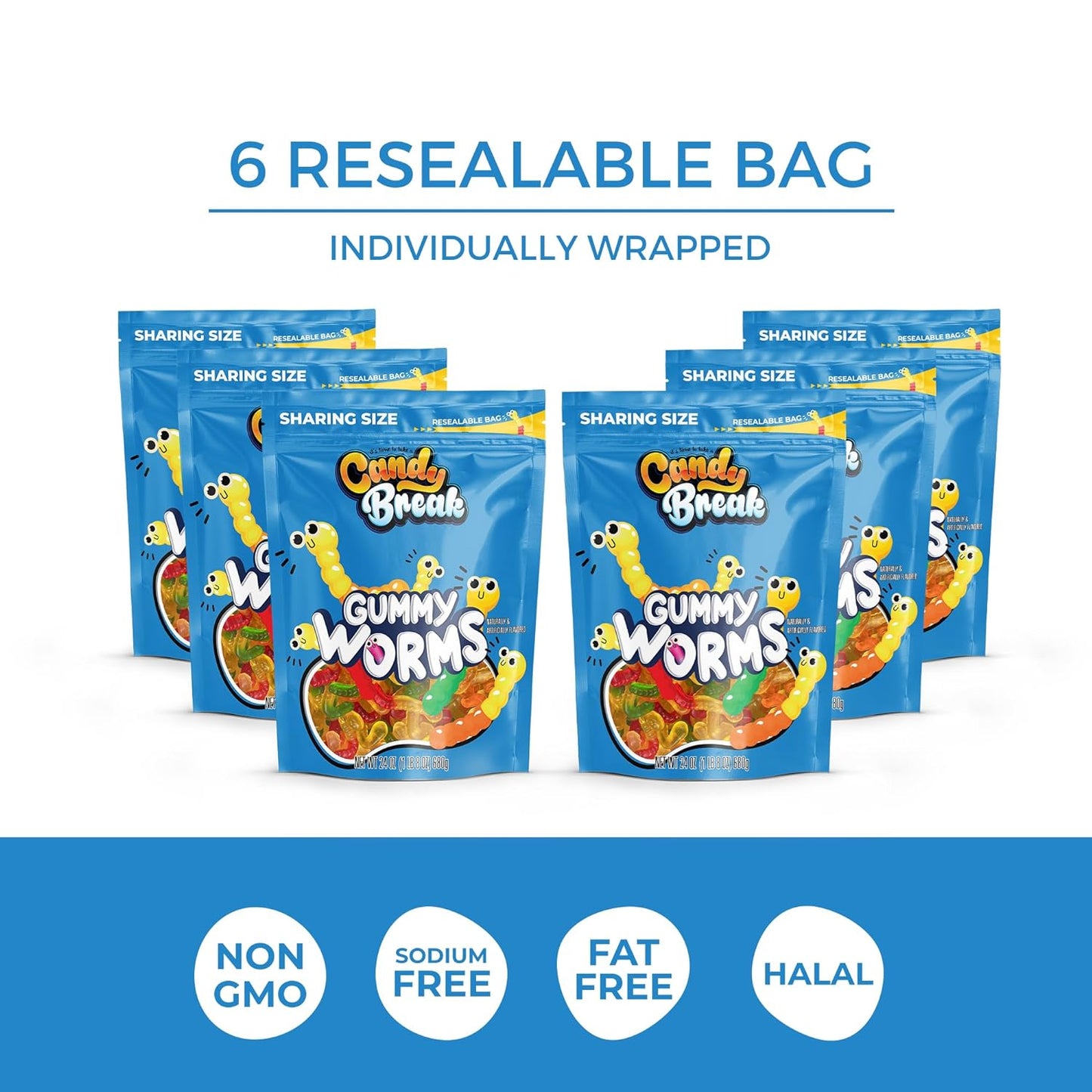 Candy Break Gummy Worms Candy - 24 Oz Share Size Resealable Bags (Pack of 6)