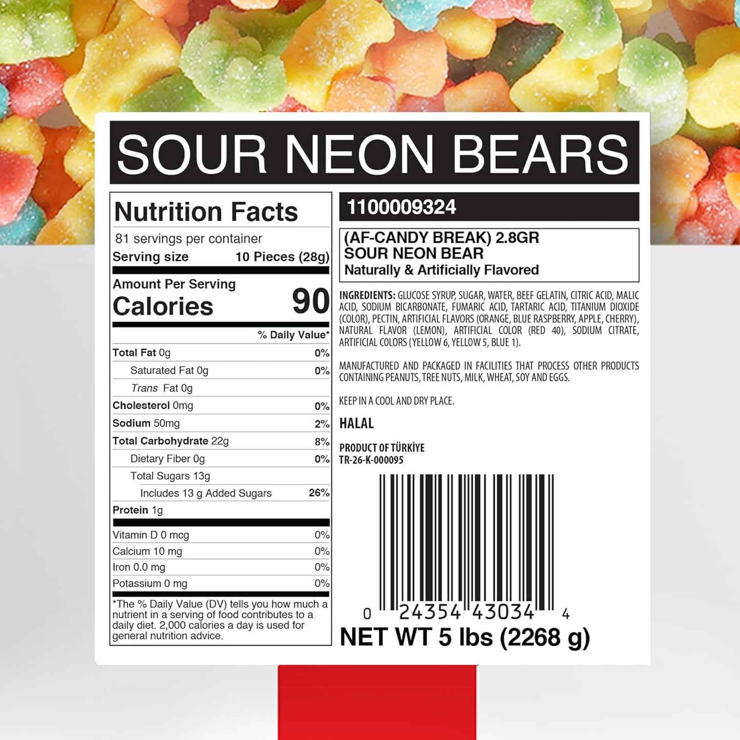 Candy Break Sour Neon Bears Bulk Gummies - 5 lbs Bag
