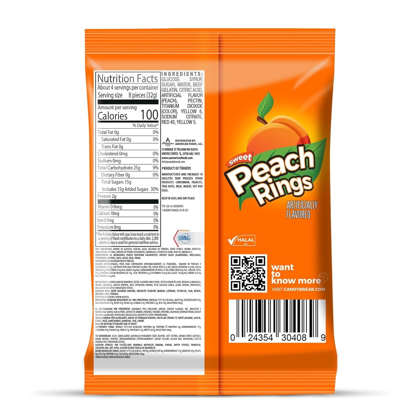 Candy Break Fruity Sweet Peach Rings Gummies - 4 Oz Bags (Pack of 12)