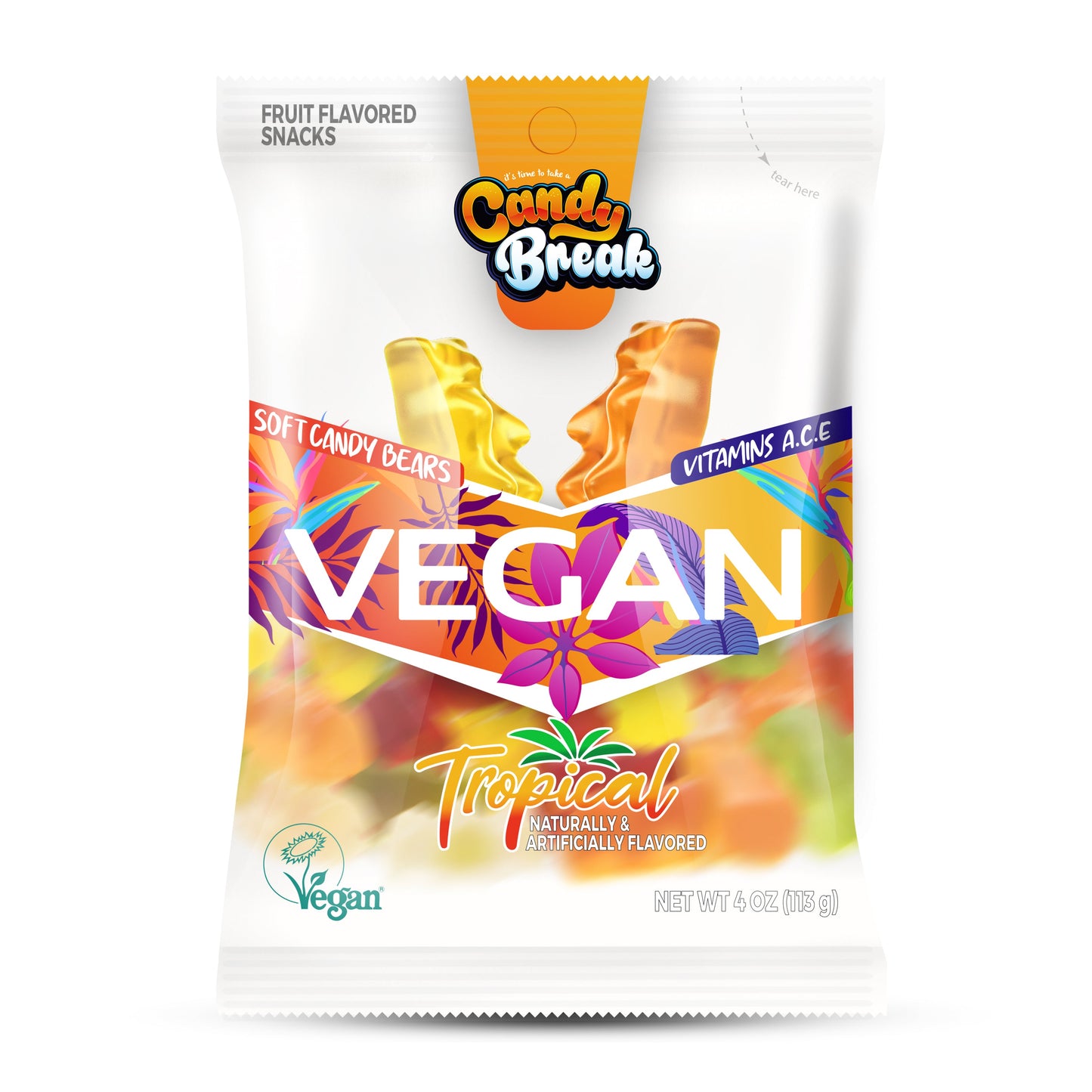 Candy Break Tropical Flavored Vegan Soft Candy - 4 Oz Bags (Pack of 12)