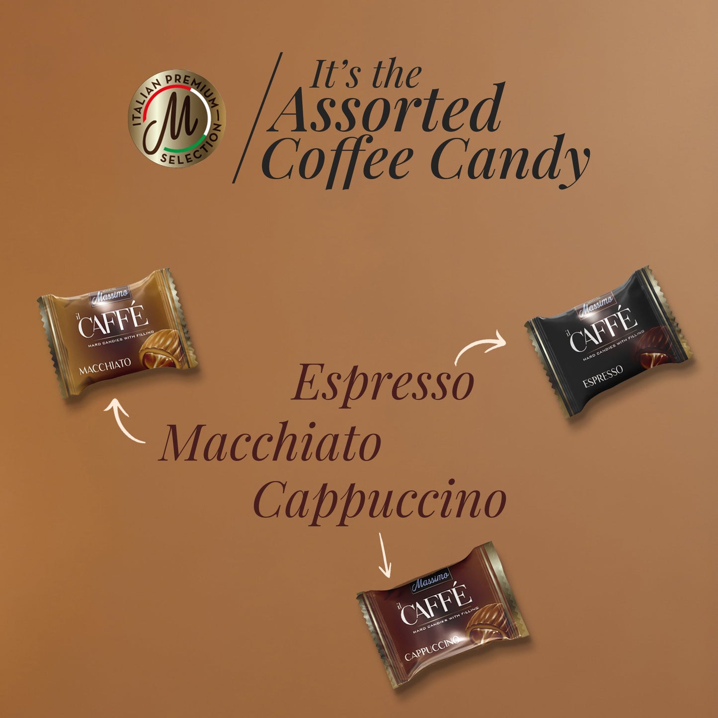 Maestro Massimo Center Filled Hard Coffee Candy, Individually Wrapped, Macchiato, Espresso, Cappuccino Flavored Caffeine Candies