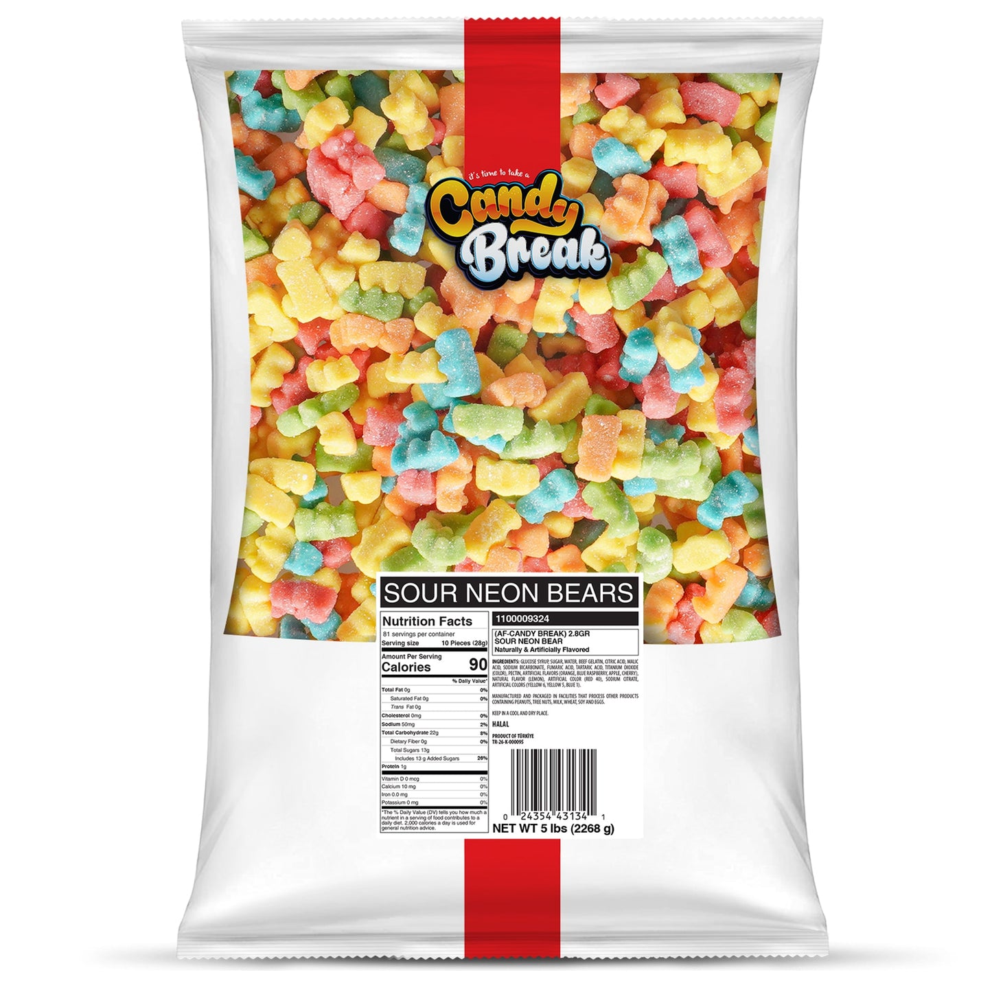 Candy Break Sour Neon Bears Bulk Gummies - 5 lbs Bag