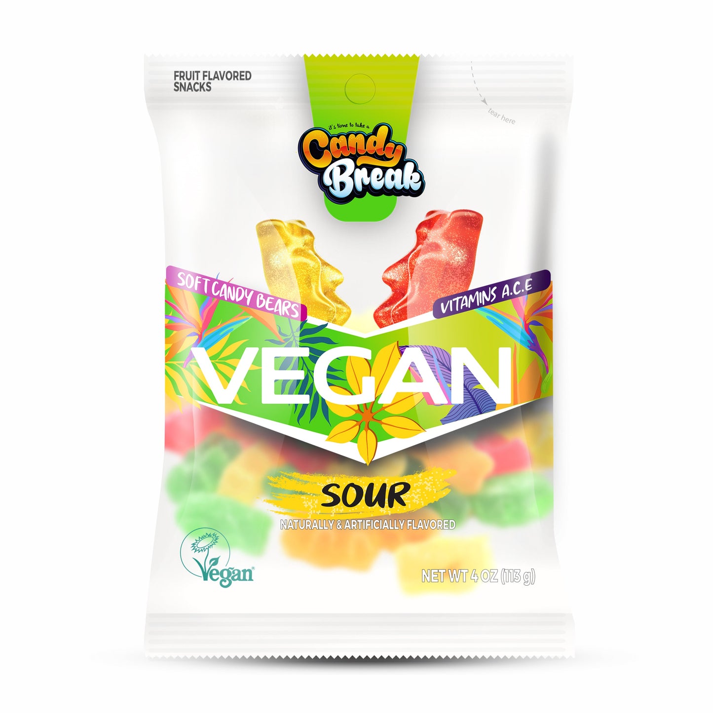 Candy Break Sour Fruit Flavored Vegan Soft Candy - 4 Oz Bags (Pack of 12)