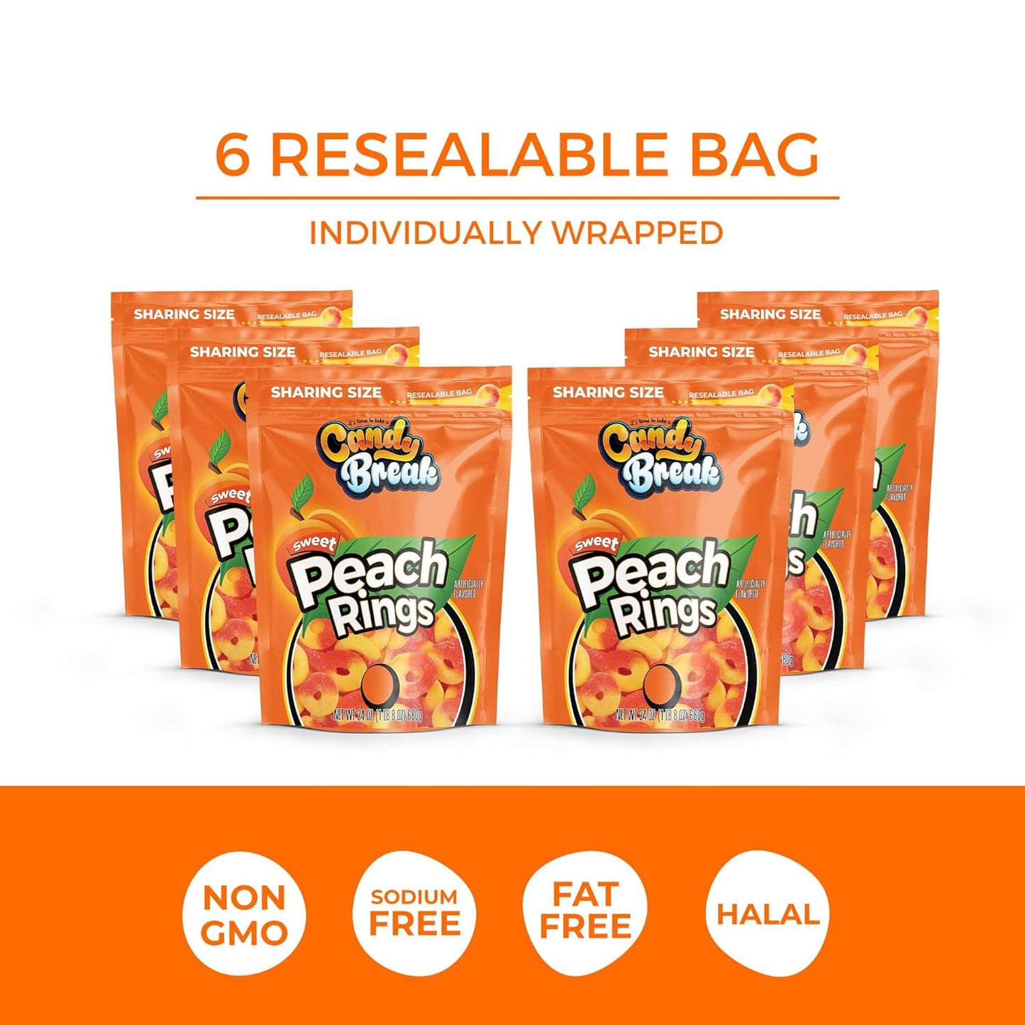 Candy Break Fruity Sweet Peach Rings Gummy Candy - 24 Oz Share Size Resealable Bags (Pack of 6)