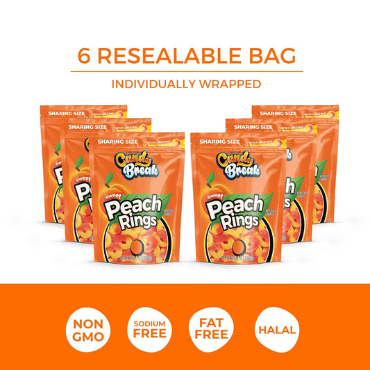 Candy Break Fruity Sweet Peach Rings Gummy Candy - 24 Oz Share Size Resealable Bags (Pack of 6)