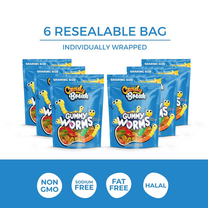 Candy Break Gummy Worms Candy - 24 Oz Share Size Resealable Bags (Pack of 6)