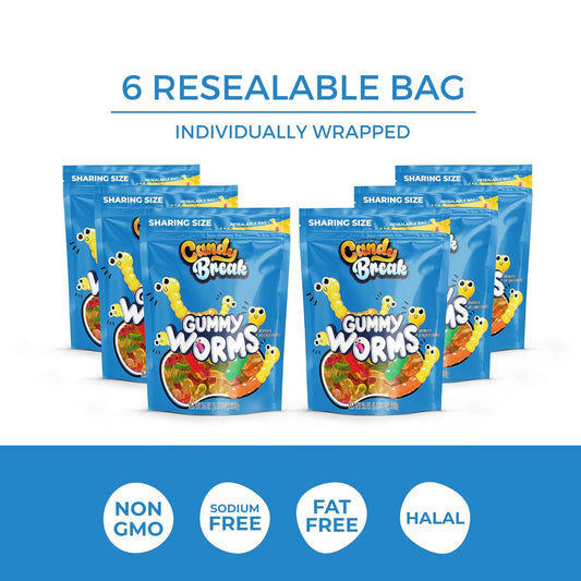Candy Break Gummy Worms Candy - 24 Oz Share Size Resealable Bags (Pack of 6)