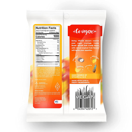 Candy Break Tropical Flavored Vegan Soft Candy - 4 Oz Bags (Pack of 12)